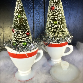 Red-rimmed vintage milk glass sugar and creamer with trees $20 & $24 *SOLD*