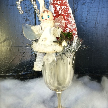 Charming mistletoe fairy and tree in a silverplate goblet $36