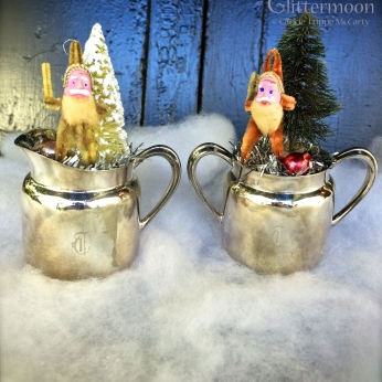 Tiny EPNS sugar & creamer with teeny old chenille Santas & trees $22 each *SOLD*