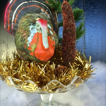 Vintage German turkey with old trees in a glass compote dish. $42 *SOLD*