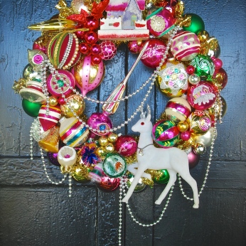 Pink Joy wreath. What a statement for all you hot pink and festive color people! 20" diamater $295 with storage bag * SOLD *