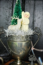 An Aesthetic Movement sugar bowl with a snow baby, reindeer, and bottlebrush tree.