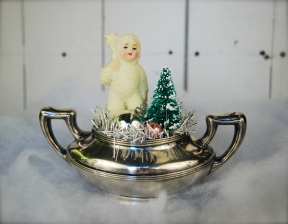 Vintage snow baby in an old EPNS sugar bowl